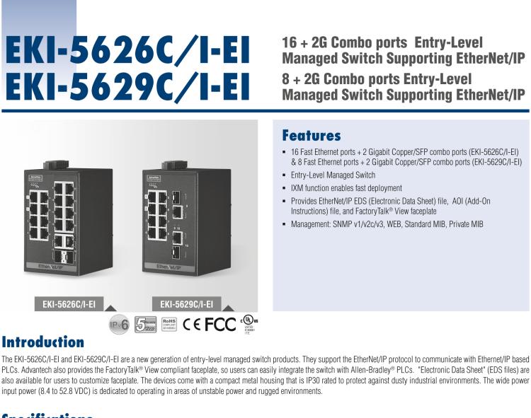 研华EKI-5629C-EI 8FE+2G Combo Managed Ethernet Switch support EtherNet/IP