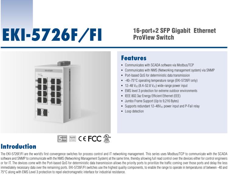 研华EKI-5726FI 2SFP 16网口全千兆ProView(组态)系列工业以太网交换机