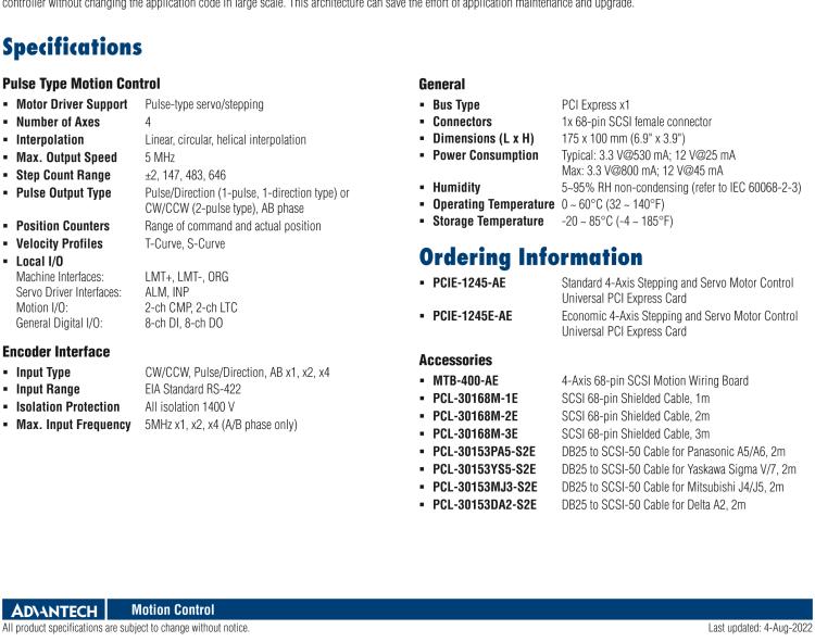 研华PCIE-1245E 通用型经济4轴步进和伺服电机控制PCI总线卡