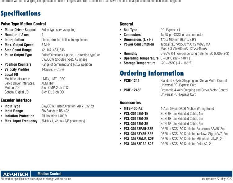 研华PCIE-1245 通用型标准4轴步进和伺服电机控制PCI总线卡