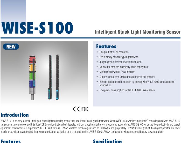研华WISE-S100 智能堆栈光监测传感器,易于安装，适用于多种类型堆栈式灯塔