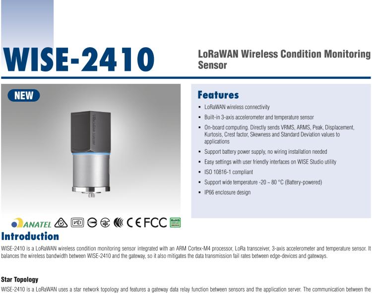 研华WISE-2410 WISE-2410是LoRaWA N无线振动温度监控传感器，电池使用周期为2年。