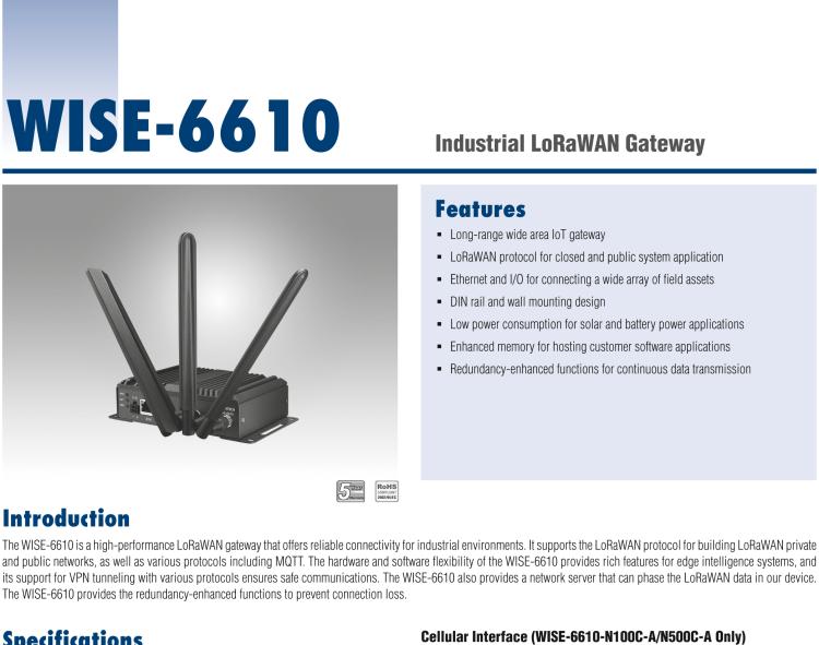 研华WISE-6610-A500C Hardened LoRaWAN 8-Channel Cellular Gateway AS 923 MHz - Support 500 nodes