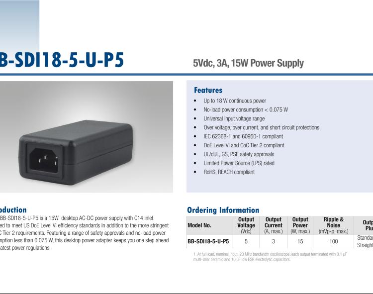 研华BB-SDI18-5-U-P5 Power Supply, AC to 5VDC, 3A, 15W