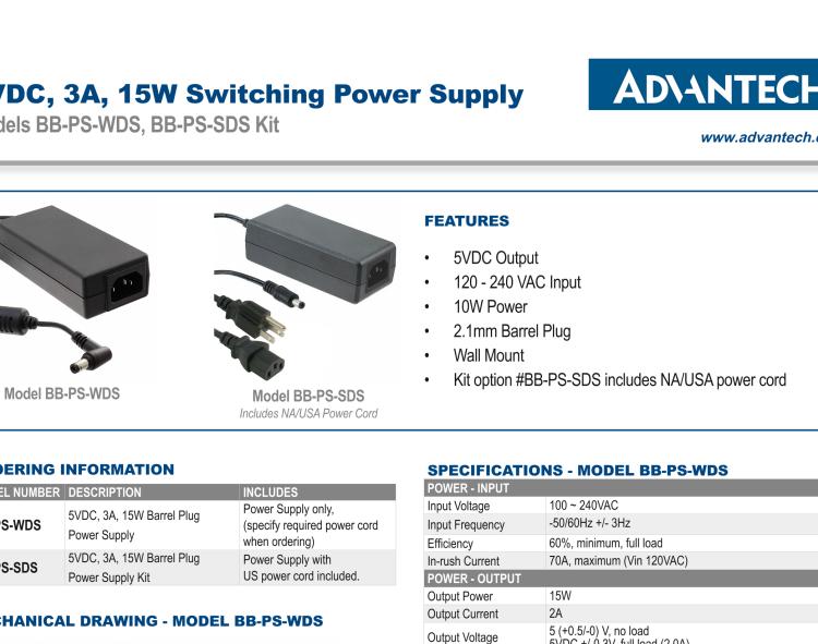研华BB-PS-WDS Power Supply, AC to 5VDC, 3A, 15W