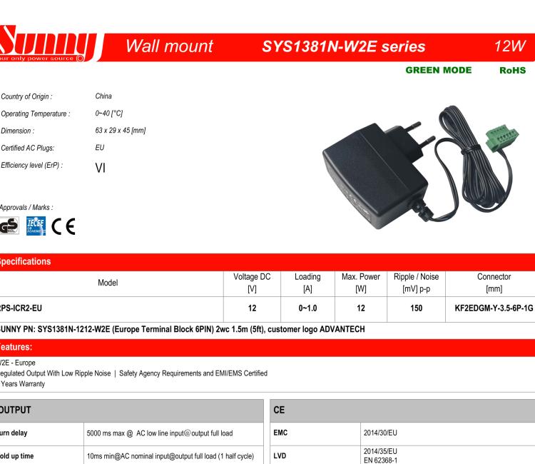 研华RPS-ICR2-EU Wall Power Supply, ICR-2000, v2i, EU plug, 1.5 m