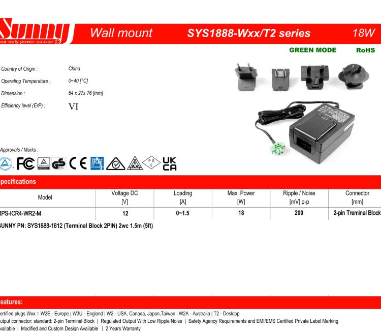 研华RPS-ICR4-WR2-M Wall Power Supply, ICR-44xx, v4, EU, UK, US, AUS