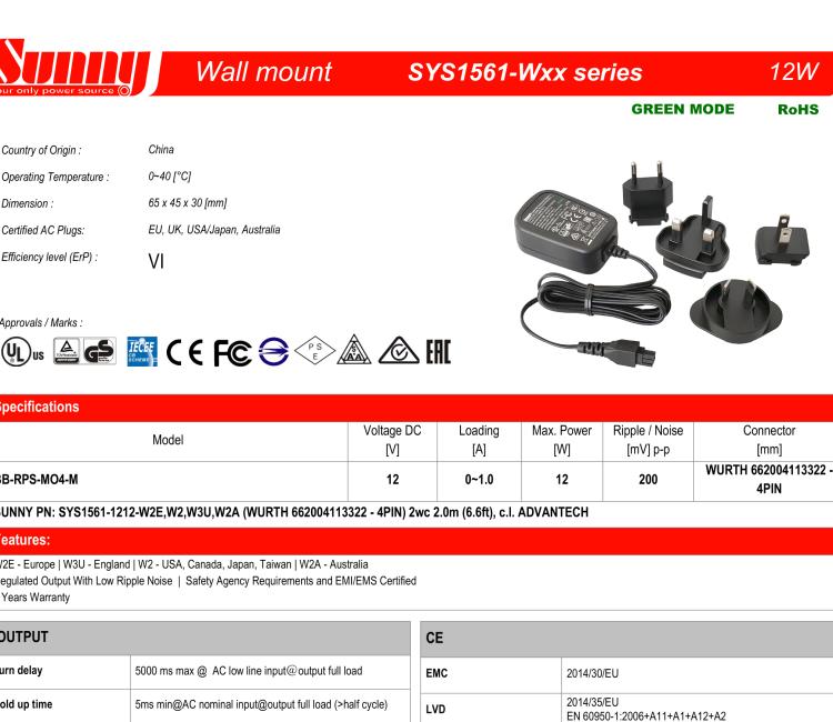 研华BB-RPS-MO4-M Wall Power supply, SmartStart, EU,US,UK,AU plug