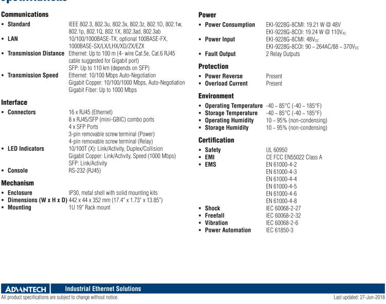 研华EKI-9228G-8COI IEC61850-3 20GE + 8GE Combo L2 Managed Switch, 90 ~ 264VAC/88 ~ 370VDC