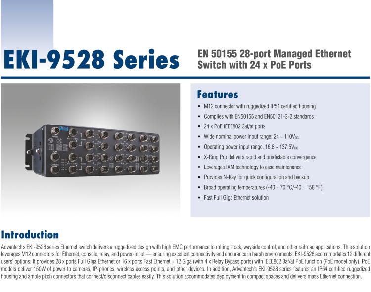研华EKI-9528G-4GMX EN50155 Managed Ethernet Switch with 28xGE, 24-110VDC