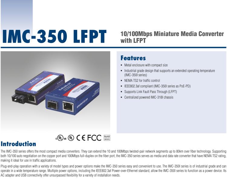 研华IMC-350I-M8-PS-A Mini Hardened Media Converter, 100Mbps, Multimode 850nm, LFPT, 2km, SC, AC adapter