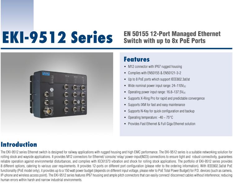 研华EKI-9512G-4GMPW EN50155 Managed PoE Ethernet Switch with 12GE(4bypass), 24-110VDC