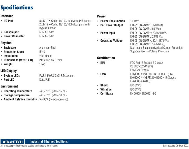 研华EKI-9510G-2GMPL EN50155 Managed PoE Ethernet Switch with 10xGE(2bypass), 24-48 VDC