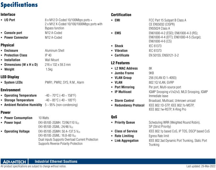 研华EKI-9510E-2GMH 10个百兆M12端口网管型EN50155交换机， 支持72/96/110 VDC供电