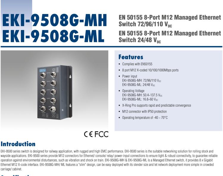 研华EKI-9508G-ML EN50155 Managed Ethernet Switch with 8GE, 24-48 VDC