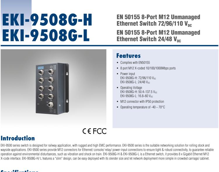 研华EKI-9508G-L 8个千兆M12端口非网管EN50155交换机，支持24/48 VDC供电