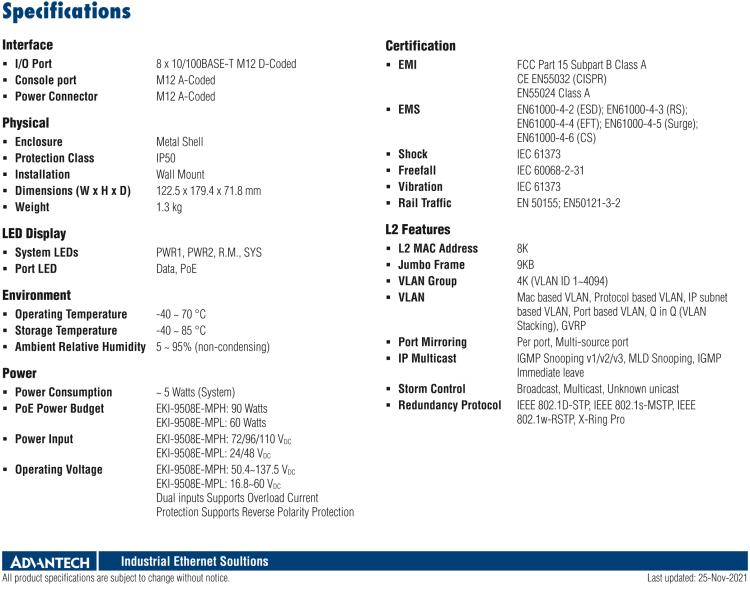 研华EKI-9508E-MPL EN 50155 Managed PoE Ethernet Switch with 8FE, 24-48 VDC