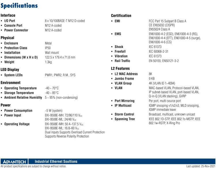 研华EKI-9508E-MH 8个百兆M12端口非网管EN50155交换机， 支持72/96/110 VDC供电