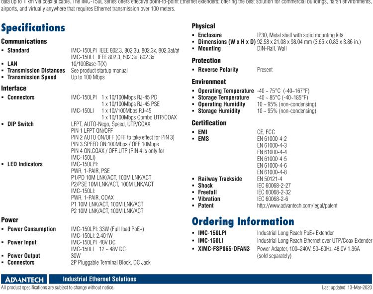 研华IMC-150LPI Hardened PoE Long Reach Ethernet Extender, UTP