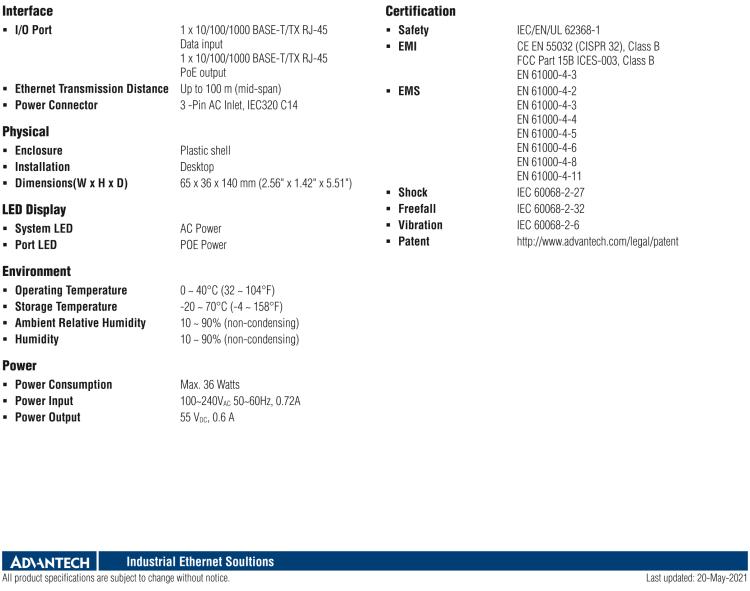 研华EKI-2701HP-AC IEEE 802.3at Gigabit PoE+ Injector