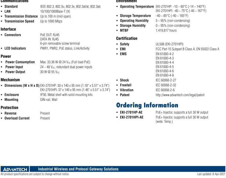 研华EKI-2701HP 1GE PoE Injector, IEEE802.3af/at, 24~48VDC