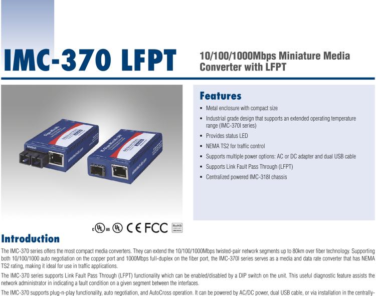 研华IMC-370-MM-B Miniature Media Converter, 1000TX/SX, Multi-mode 850nm, LFPT, 550m, SC type, w/o AC adapter
