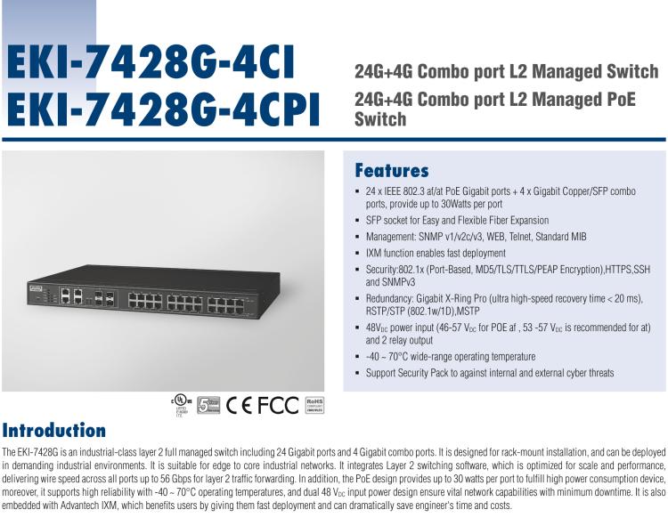 研华EKI-7428G-4CPI 24GE+4G Combo网管型PoE工业以太网交换机，IEEE802.3af/at，19”机架式安装，-40~75℃，46~57VDC
