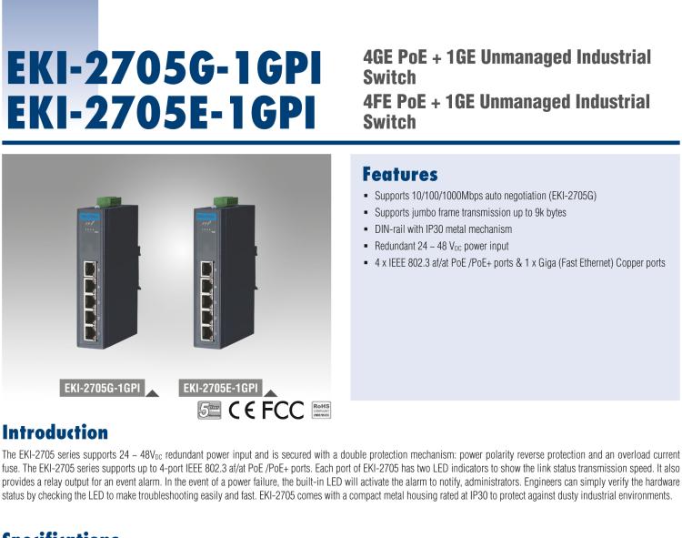 研华EKI-2705G-1GPI 4GE PoE+1GE, Unmanaged Ethernet Switch, IEEE802.3af/at, 24~48VDC, -40~75℃