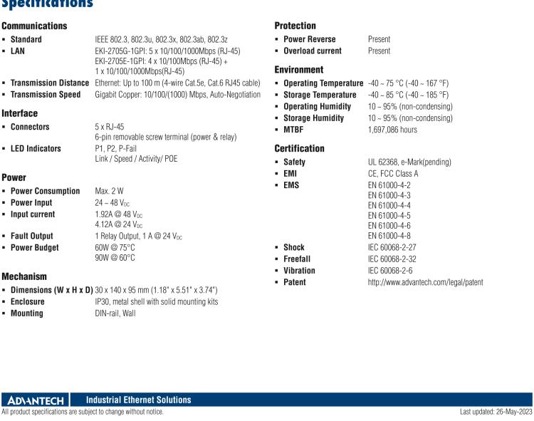 研华EKI-2705G-1GPI 4GE PoE+1GE, Unmanaged Ethernet Switch, IEEE802.3af/at, 24~48VDC, -40~75℃