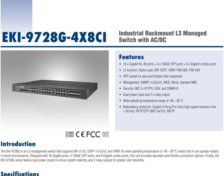 研华EKI-9728G-4X8CI 4 x 10GbE + 16GE + 8GE Combo L3 Managed Ethernet Switch, -40~85℃