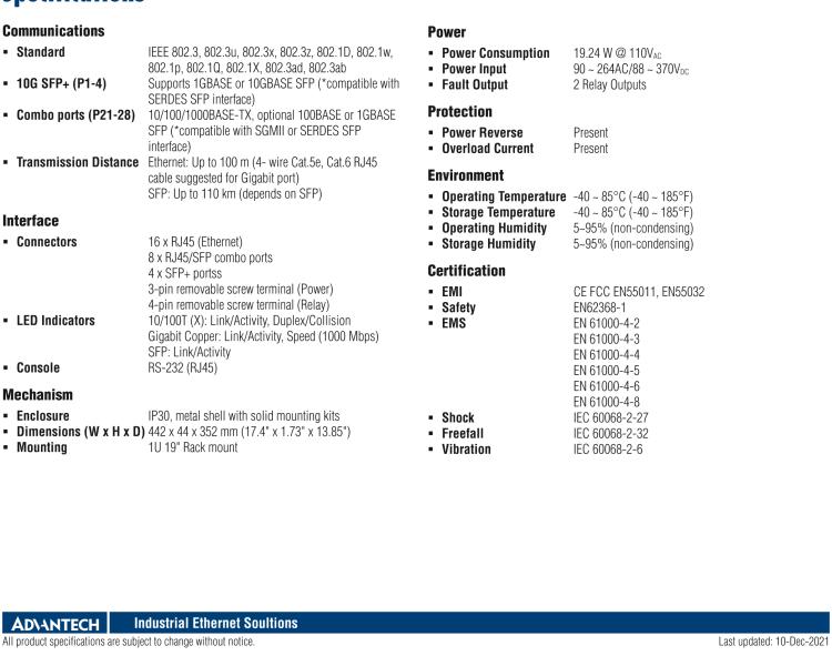 研华EKI-9728G-4X8CI 4 x 10GbE + 16GE + 8GE Combo L3 Managed Ethernet Switch, -40~85℃