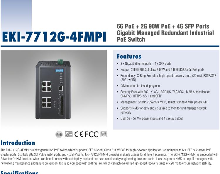 研华EKI-7712G-4FMPI 8GE PoE and 4G SFP Managed Ethernet Switch, IEEE802.3af/at/bt, 53~57VDC, -40~70℃
