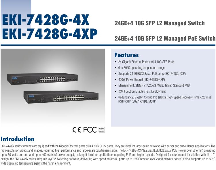 研华EKI-7428G-4X 24GE+4 10G SFP 二层网管型交换机