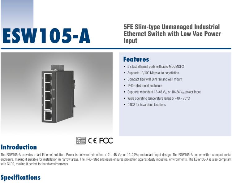 研华BB-ESW105-A 5FE Slim-type Unmanaged Industrial Ethernet Switch with Low VAC Power Input