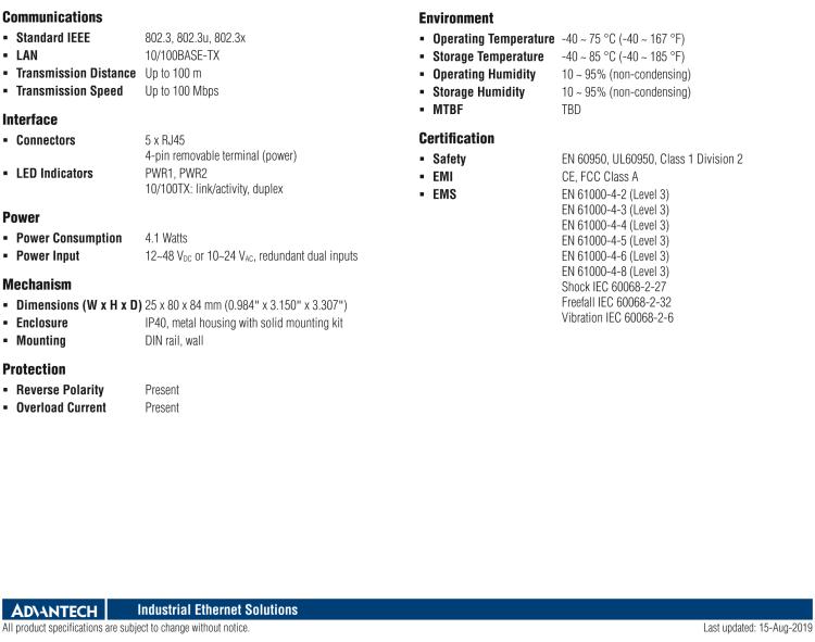 研华BB-ESW105-A 5FE Slim-type Unmanaged Industrial Ethernet Switch with Low VAC Power Input