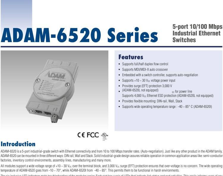 研华ADAM-6520L 5端口非网管型工业以太网交换机