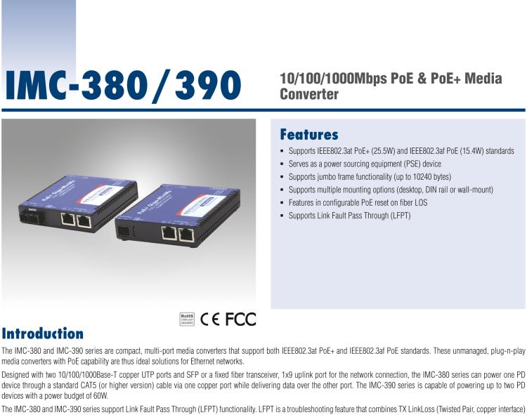 研华IMC-390-SE-US Mini PoE+ Media Converter, 1000Mbps, Single mode 1310nm, 40km, SC, AC adapter (also known as MiniMc 857-11915)