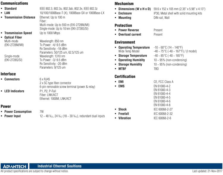 研华EKI-2728S 6GE+2G单模光纤端口网管工业以太网交换机