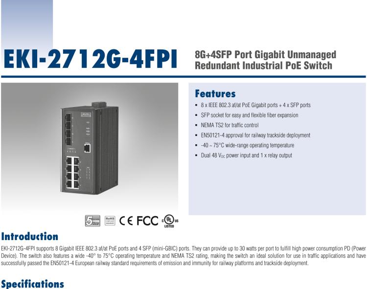 研华EKI-2712G-4FPI 8G+4SFP端口非网管PoE工业以太网交换机