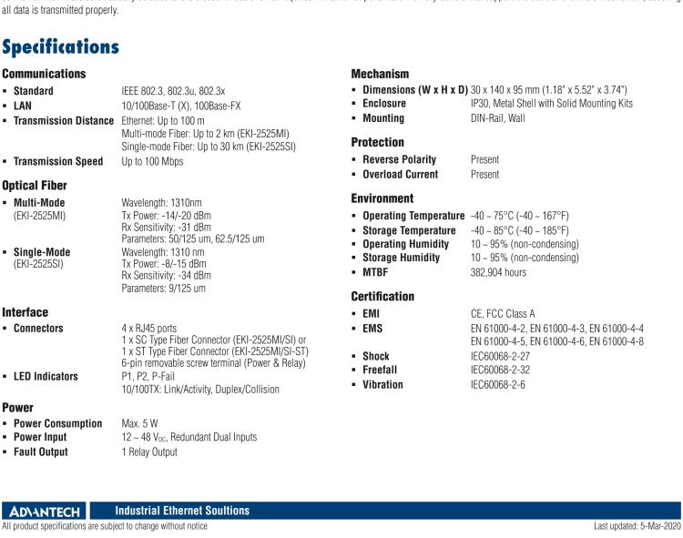 研华EKI-2525MI-ST 4FE+1FE ST Multi-mode Unmanaged Ethernet Switch, -40~75℃