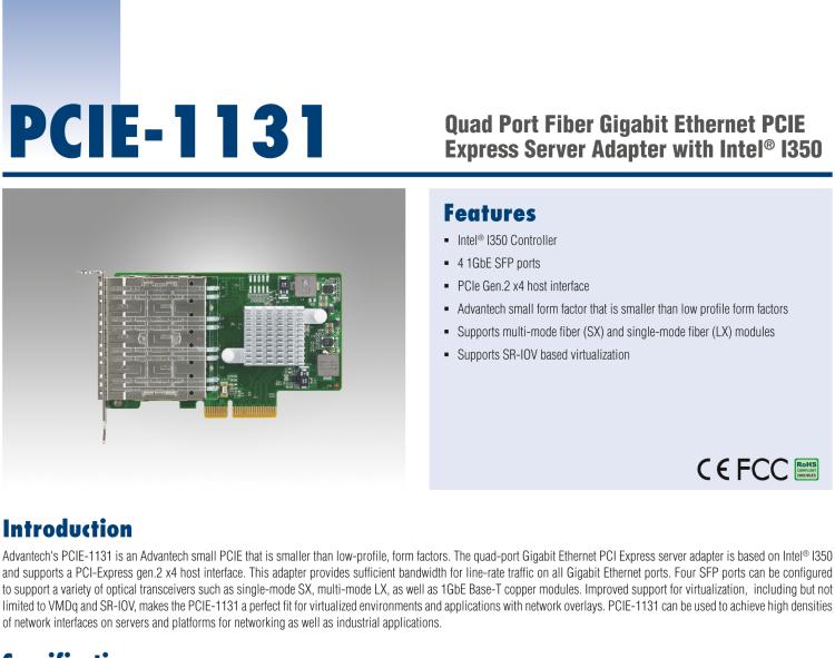 研华PCIE-1131 Quad Port Fiber Gigabit Ethernet PCIE Express Server Adapter with Intel® I350 (Advantech form factor)
