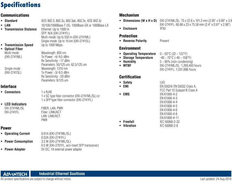 研华EKI-2741SL Media Converter, 1000Mbps, Single mode 1310nm, 10km, SC, AC adapter