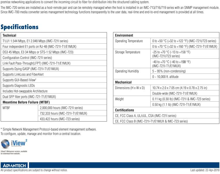 研华IMC-721I-SSR Managed Hardened Modular Media Converter, DS1, Single-Strand 1550xmt, 20km, SC (also known as iMcV 850-18123)