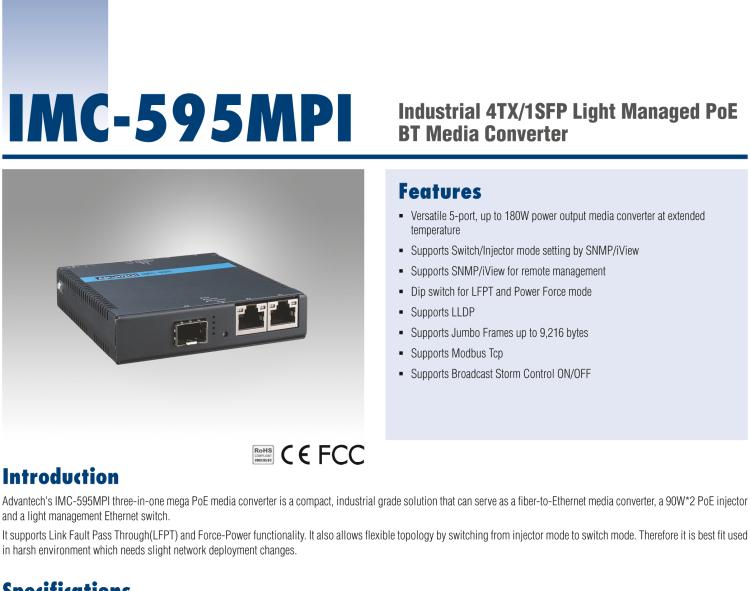 研华IMC-595MPI Industrial 4TX/1SFP Light Managed PoE BT Media Converter
