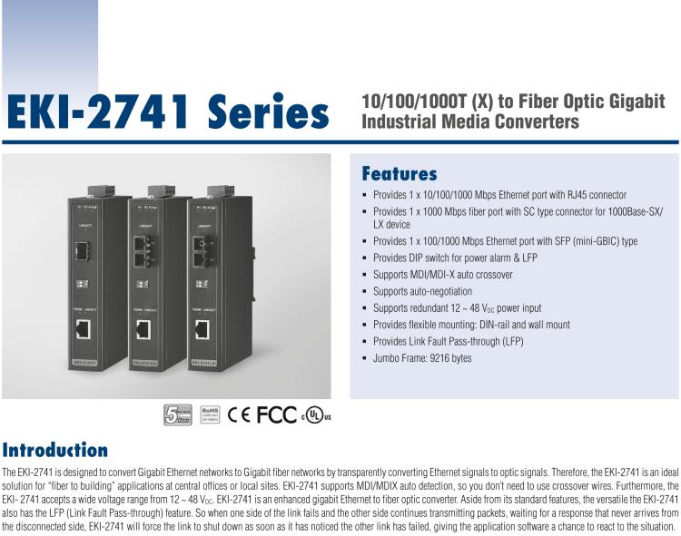 研华EKI-2741FI Hardened Media Converter, 1000Mbps, SFP
