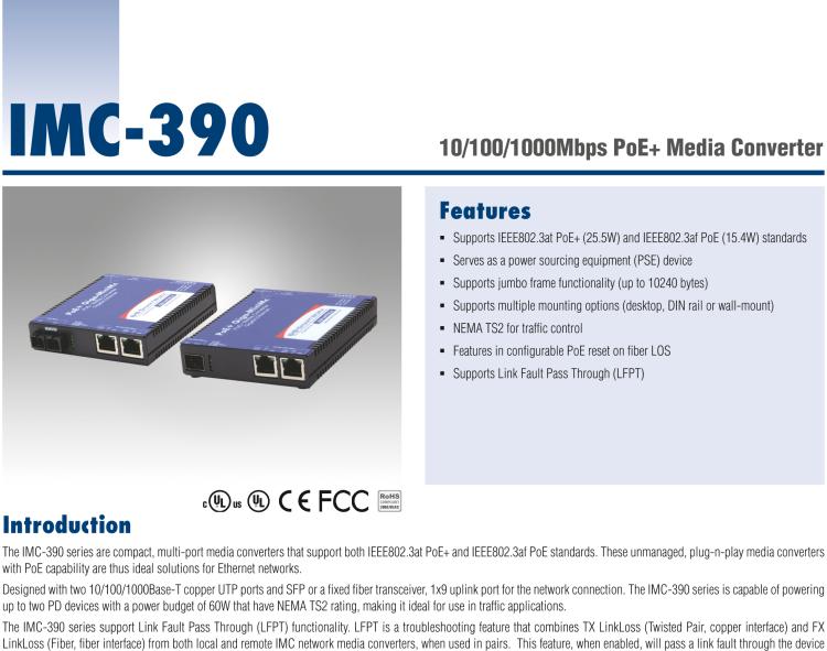 研华IMC-390-SFP Mini PoE+ Media Converter, 1000Mbps, SFP (also known as MiniMc 857-11911TG)
