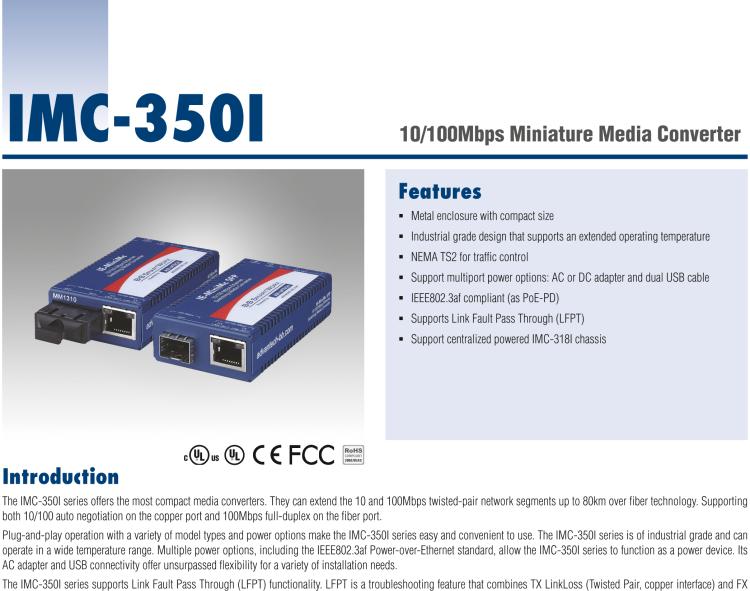研华IMC-350I-SE-A Mini Hardened Media Converter, 100Mbps, Single mode 1310nm, LFPT, 40km, SC