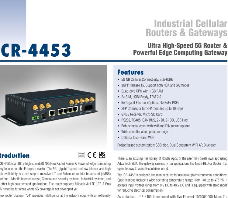 研华ICR-4453S ICR-4400, EUROPE, NAM, 5x Ethernet, 1x RS232, 1x RS485, CAN, PoE PSE+, SFP, USB, SD, Without Accessories