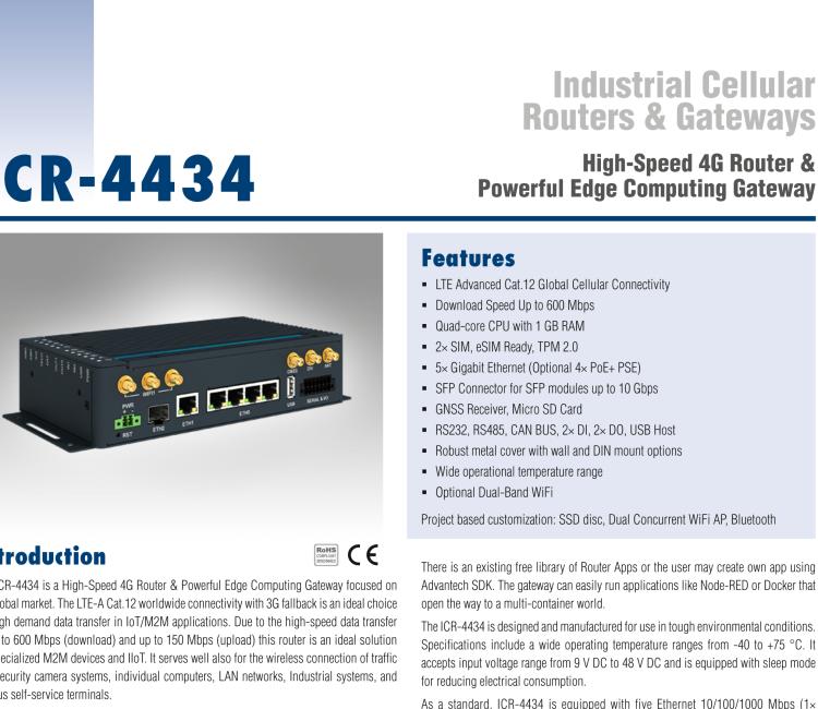 研华ICR-4434WS ICR-4400, GLOBAL, 5x Ethernet, 1x RS232, 1x RS485, CAN, PoE PSE+, Wi-Fi, SFP, USB, SD, Without Accessories