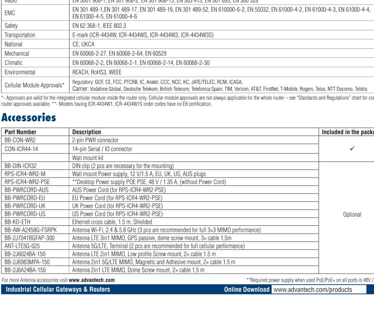 研华ICR-4434WS ICR-4400, GLOBAL, 5x Ethernet, 1x RS232, 1x RS485, CAN, PoE PSE+, Wi-Fi, SFP, USB, SD, Without Accessories